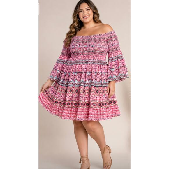 Torrid Dresses & Skirts - Torrid Off Shoulder Boho Floral Peasant Dress Pink Bell Sleeve Size 0 Large